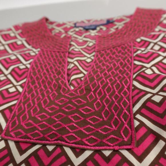Vineyard Vines Peasant Top Womens XS Pink Geo Print Tunic Embroidered Mod 70s - Picture 10 of 15